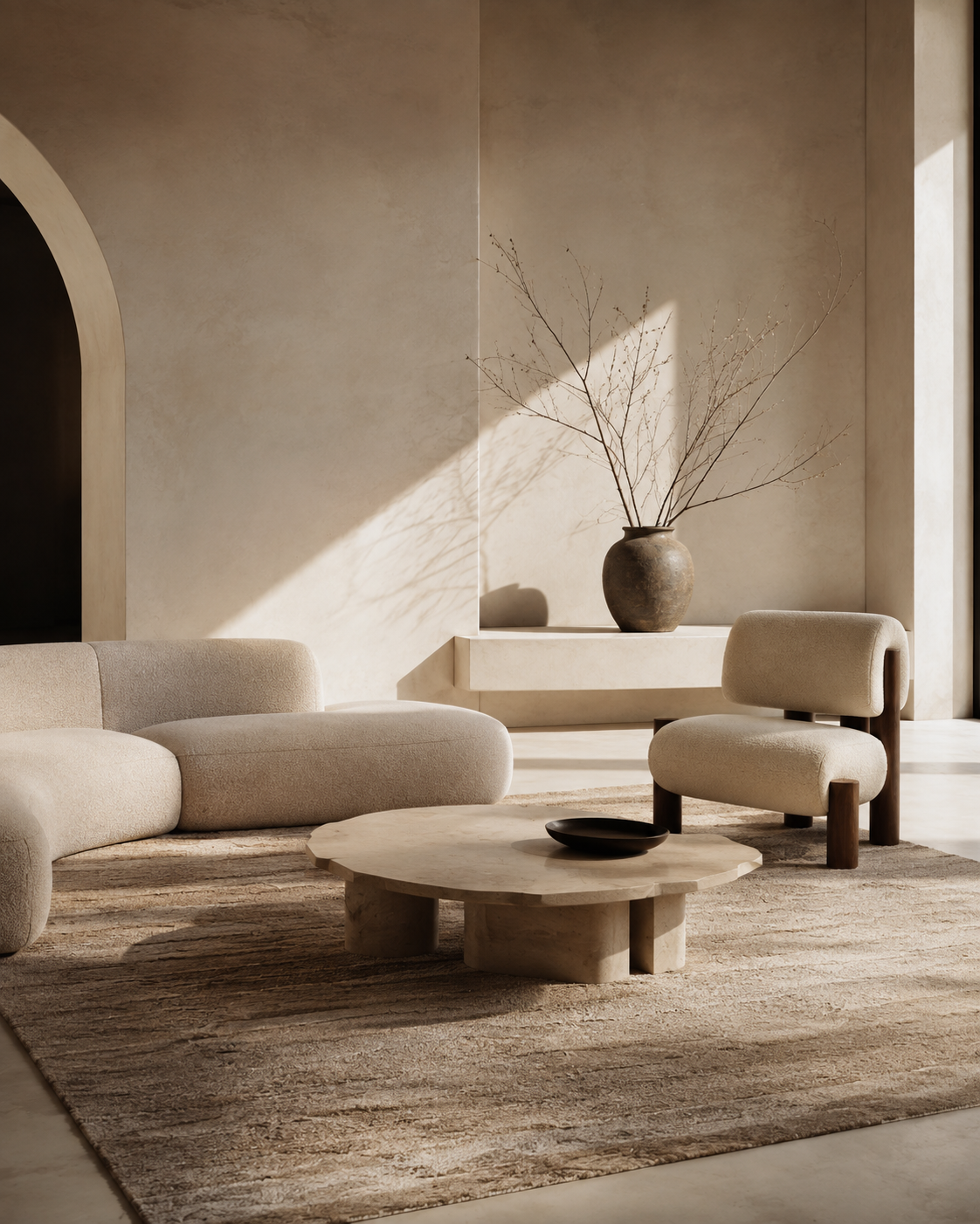 A curved boucle sofa and a round travertine table on a wool rug in a room with an arched opening