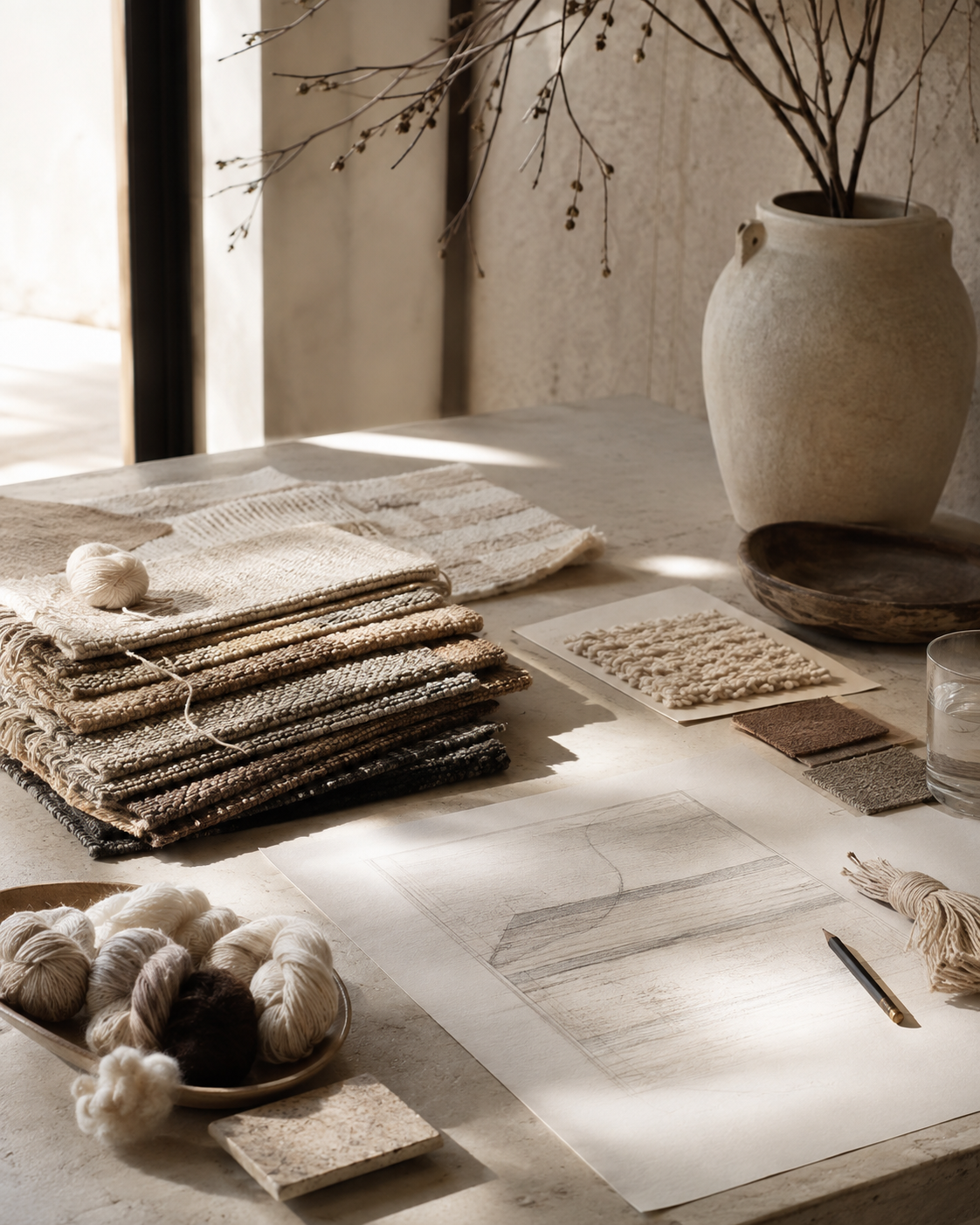 Wool skeins, woven samples and a pencil drawing laid out on a stone worktable