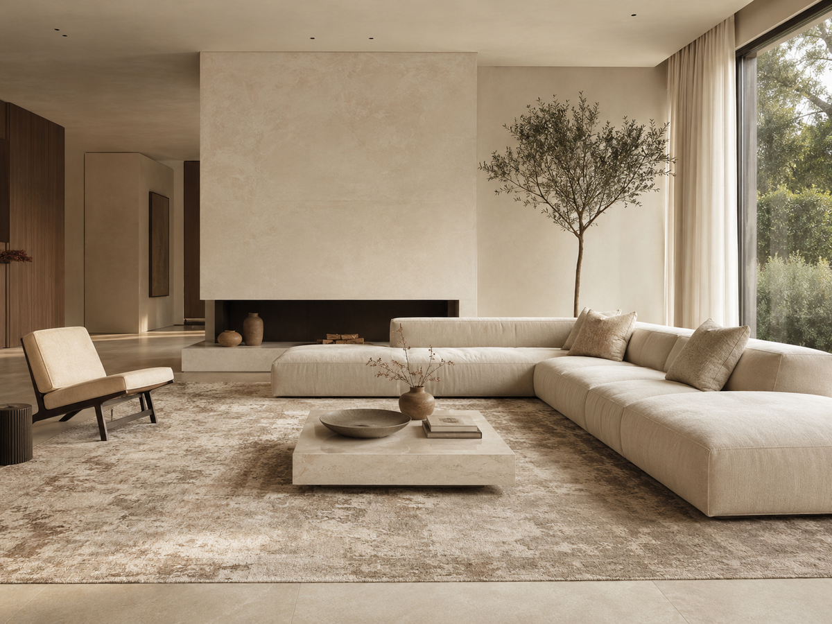 A long ivory sofa and a low stone table on a soft wool rug in a plastered room with an olive tree by the window