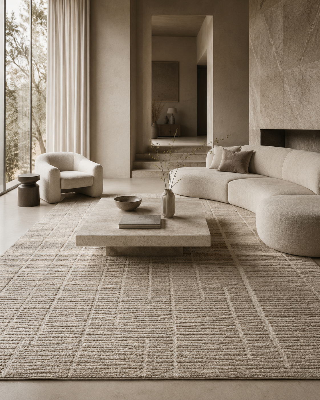 A large hand-knotted rug filling a living room, with a curved sofa and a travertine coffee table