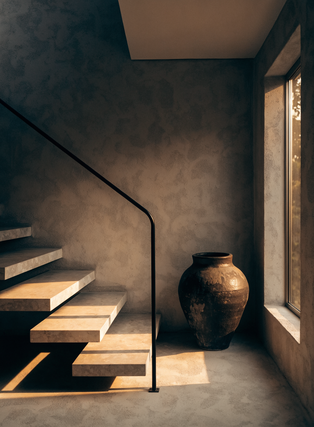 Plastered staircase with floating stone steps and a dark ceramic vessel