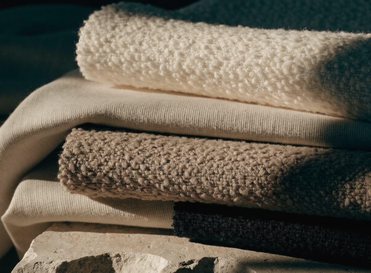 Folded upholstery fabric swatches in ivory, oatmeal, taupe and near-black