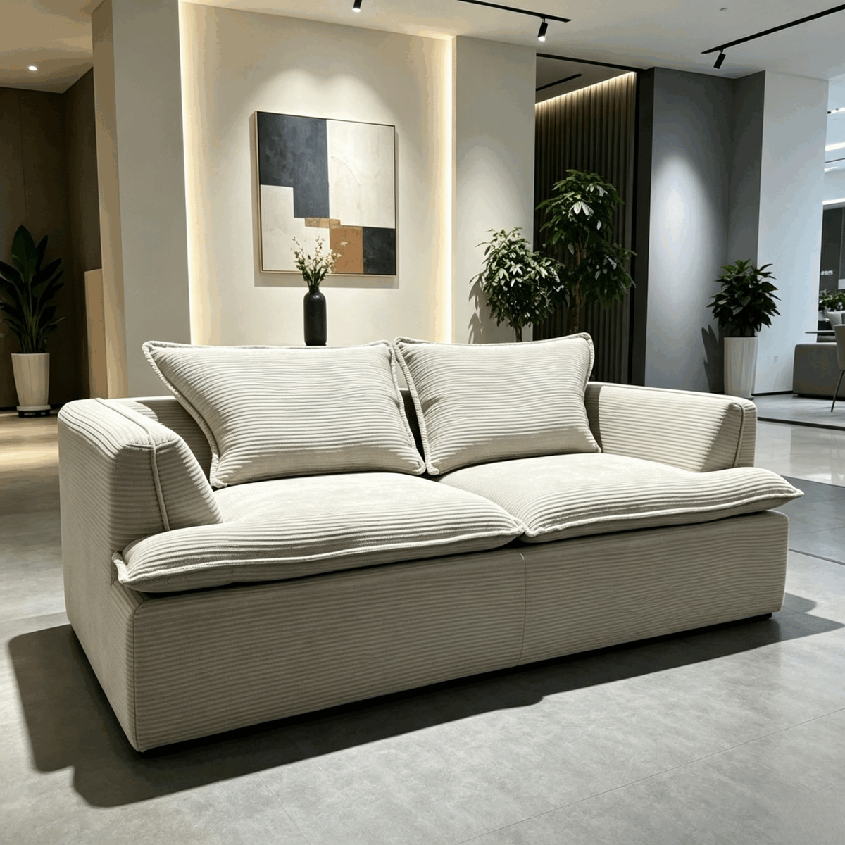 Sillon Sofa in sand corduroy, the wide ribs running along the base and up the arms