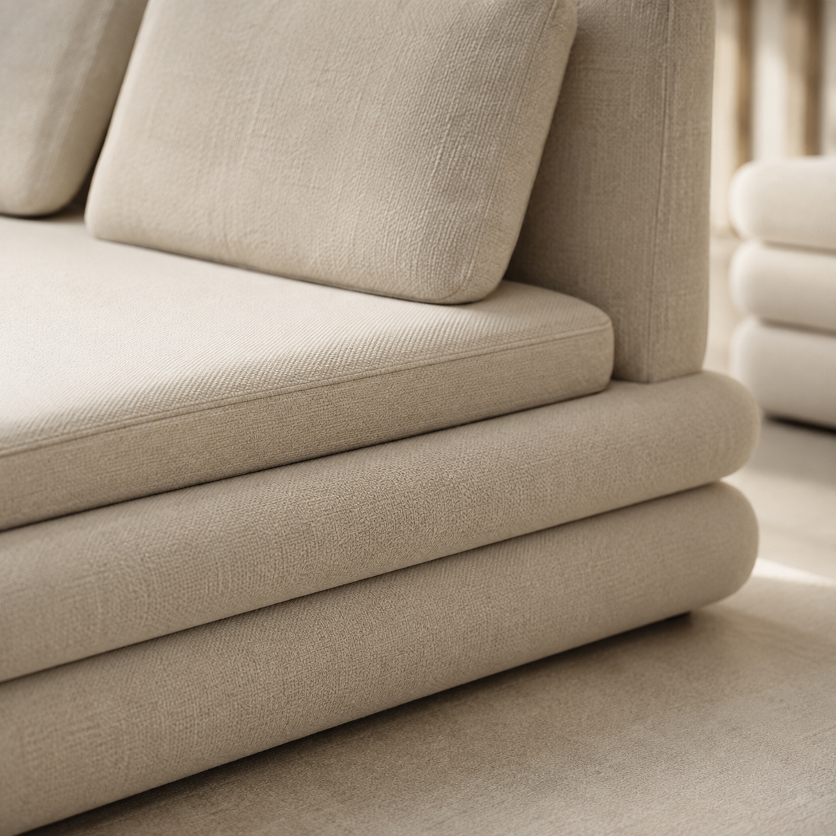 Strate Bed in cream bouclé, three stacked slabs with two loose back cushions, a night stand beside it