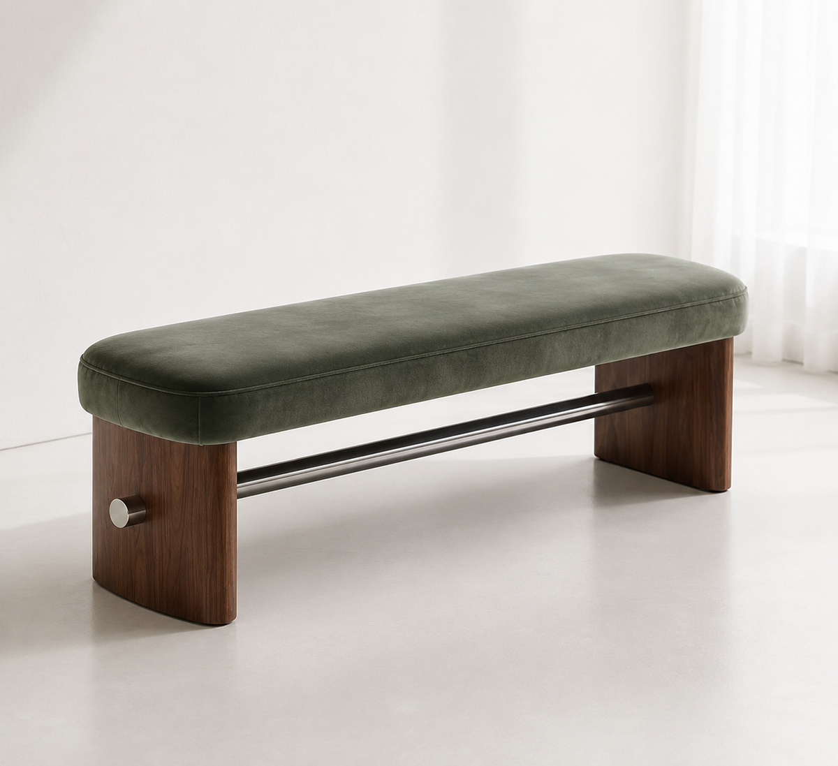 Tirant Bench with an olive pad on walnut side panels, joined by a black steel tie-rod with a brushed cap